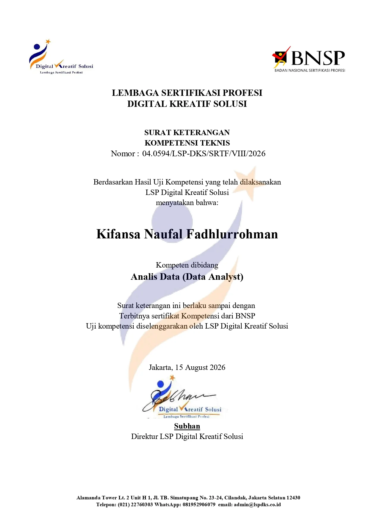 Sertifikasi Kompetensi Analis Data (Data Analyst) certificate